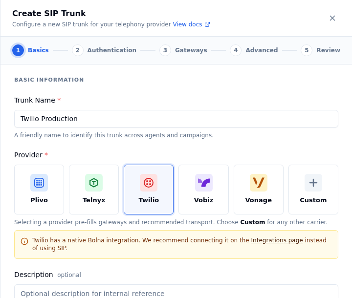 Create SIP Trunk wizard, Basics step, with the trunk name filled in and the Twilio provider tile selected
