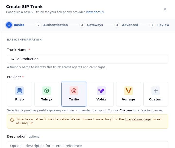 Create SIP Trunk wizard, Basics step, with the trunk name filled in and the Twilio provider tile selected