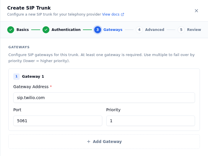 Create SIP Trunk wizard, Gateways step, showing Gateway 1 with address sip.twilio.com, port 5061 and priority 1, plus an Add Gateway button