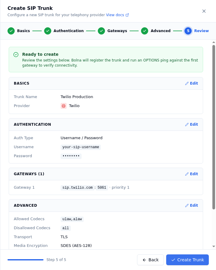 Create SIP Trunk wizard, Review step, summarizing Basics, Authentication, Gateways and Advanced with a Create Trunk button
