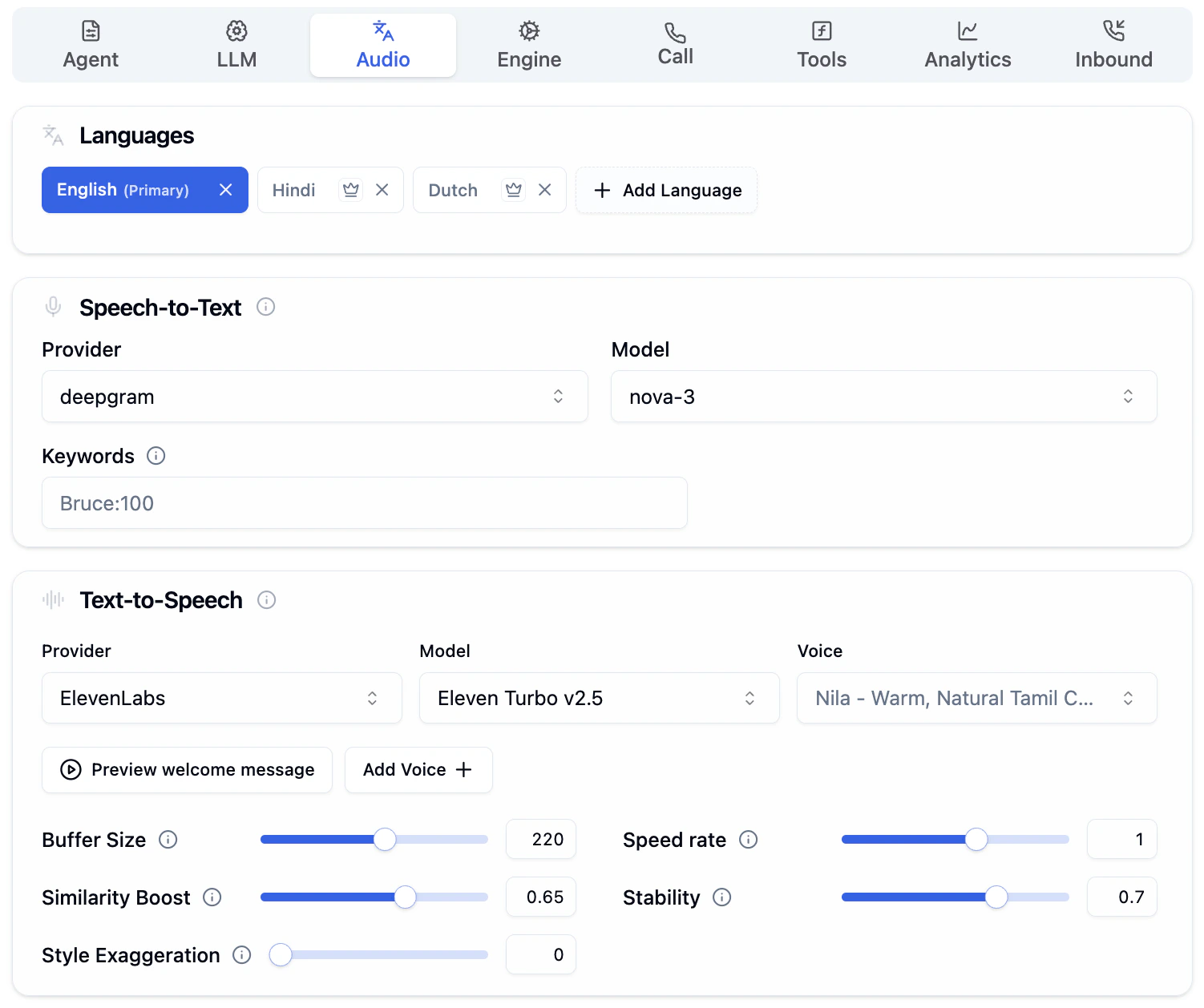 Full Audio Tab view with Languages section showing English Primary, Hindi, and Dutch, Speech-to-Text with Deepgram nova-3 and Keywords, Text-to-Speech with ElevenLabs Eleven Turbo v2.5, Nila voice, and tuning sliders for Buffer Size, Speed rate, Similarity Boost, Stability, and Style Exaggeration