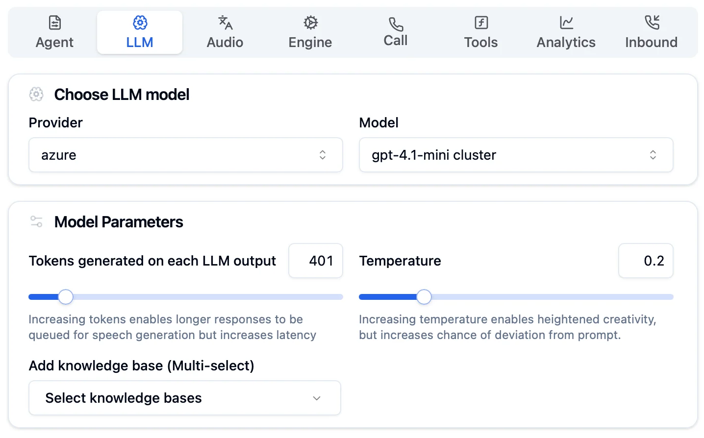 LLM Tab showing model selection, parameters, and knowledge base options