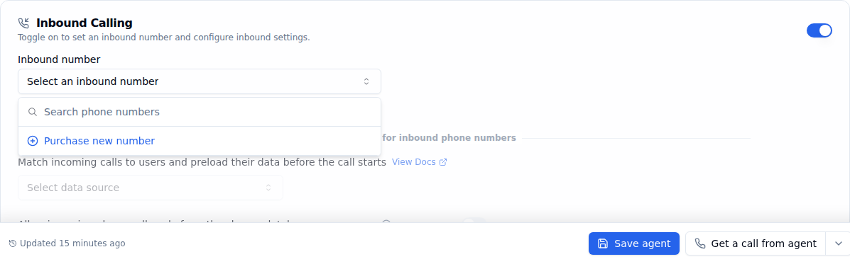 Inbound number dropdown open inside the Inbound Calling card, with a search box and a Purchase new number option