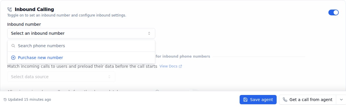 Inbound number dropdown open inside the Inbound Calling card, with a search box and a Purchase new number option