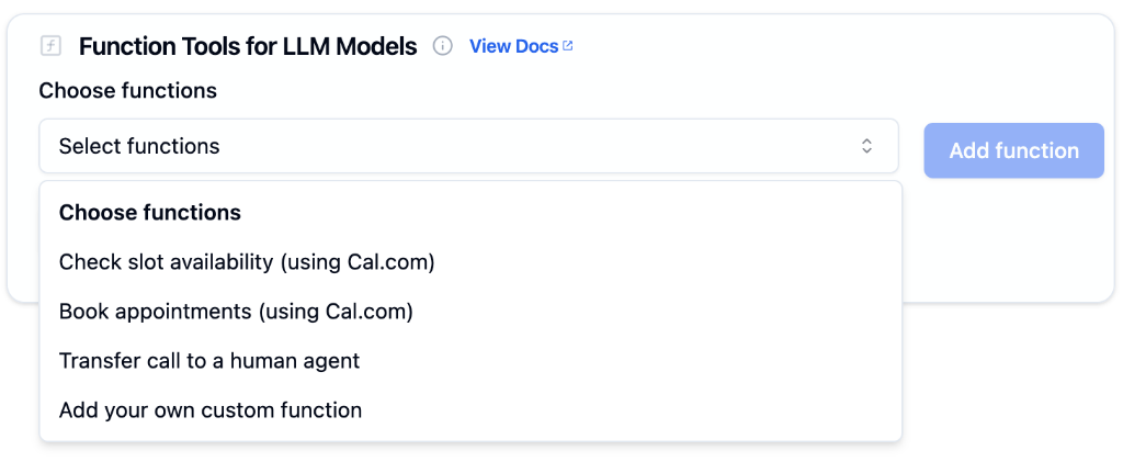Choose functions dropdown showing Check slot availability, Book appointments, Transfer call to human agent, and Add your own custom function options