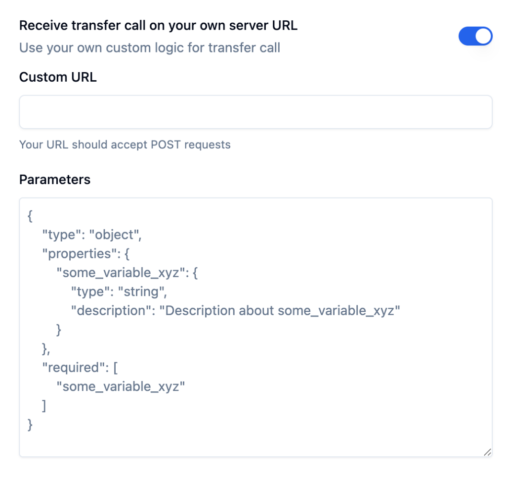 Custom URL configuration showing endpoint field and JSON parameters schema for custom transfer logic