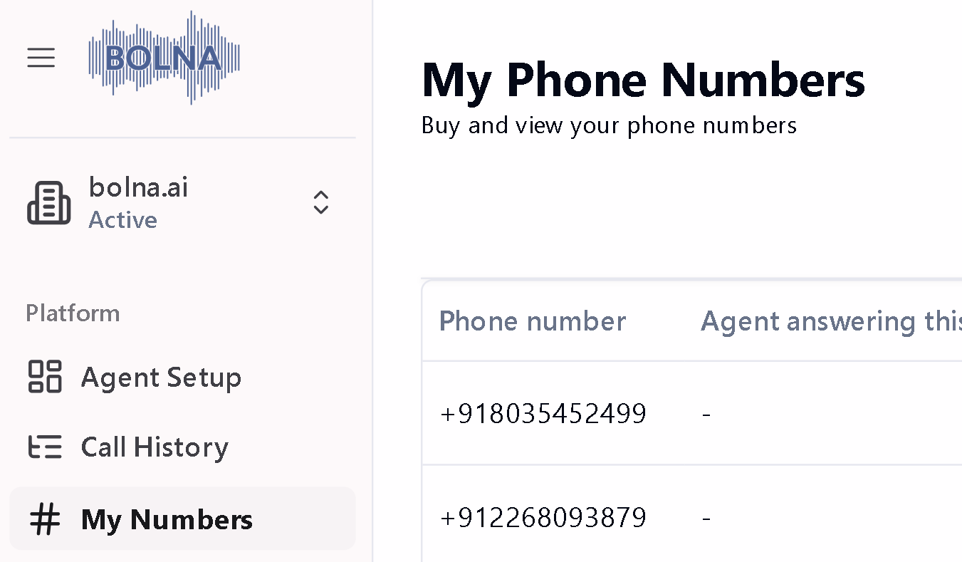 Bolna dashboard Phone Numbers page displaying phone numbers with Truecaller verification status icons in the Verify on Truecaller column