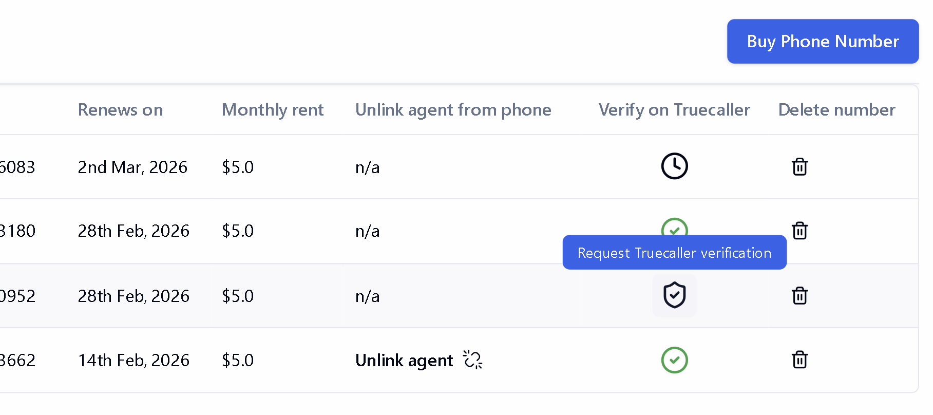 Bolna dashboard Phone Numbers page with Truecaller verification shield icon in the Verify on Truecaller column
