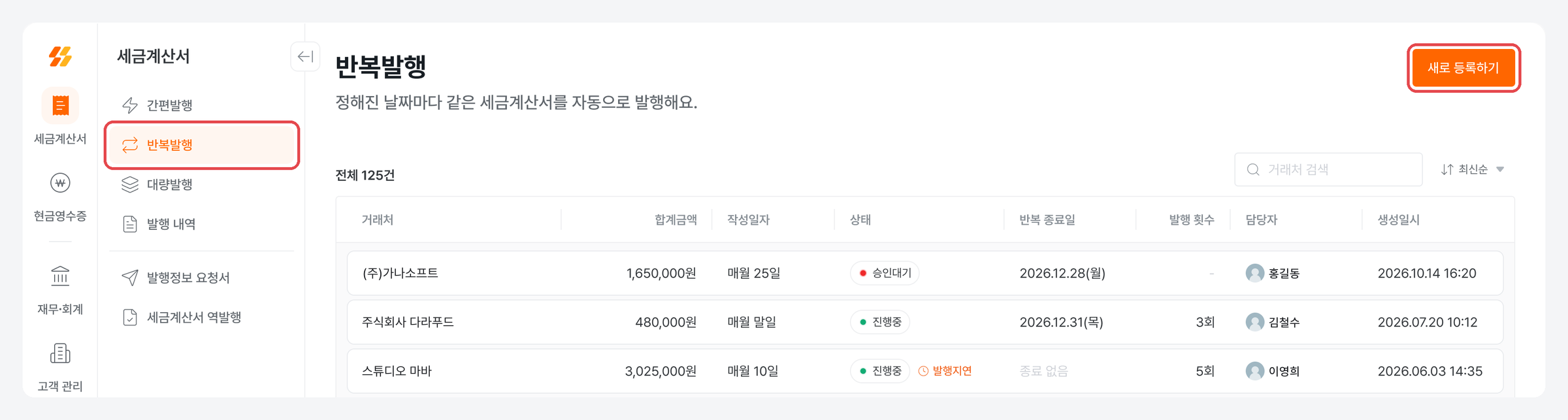 세금계산서 메뉴의 반복발행과 목록 화면 오른쪽 위 새로 등록하기 버튼이 강조된 화면