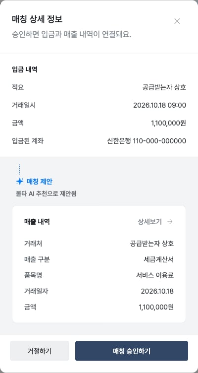입금과 매출의 금액을 비교하고 매칭을 승인하거나 거절하는 상세 창