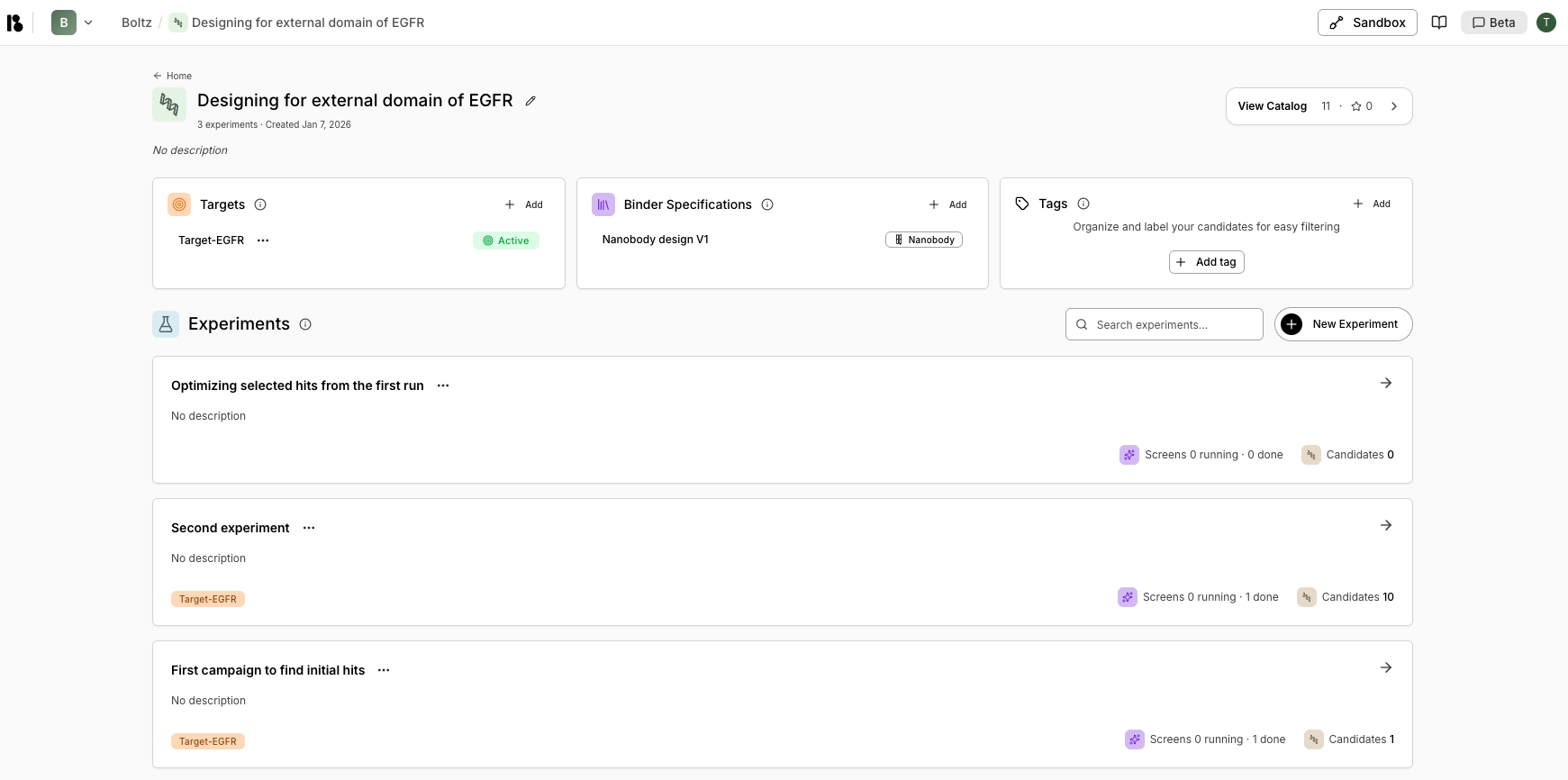 Project dashboard showing targets, libraries, tags, and experiments