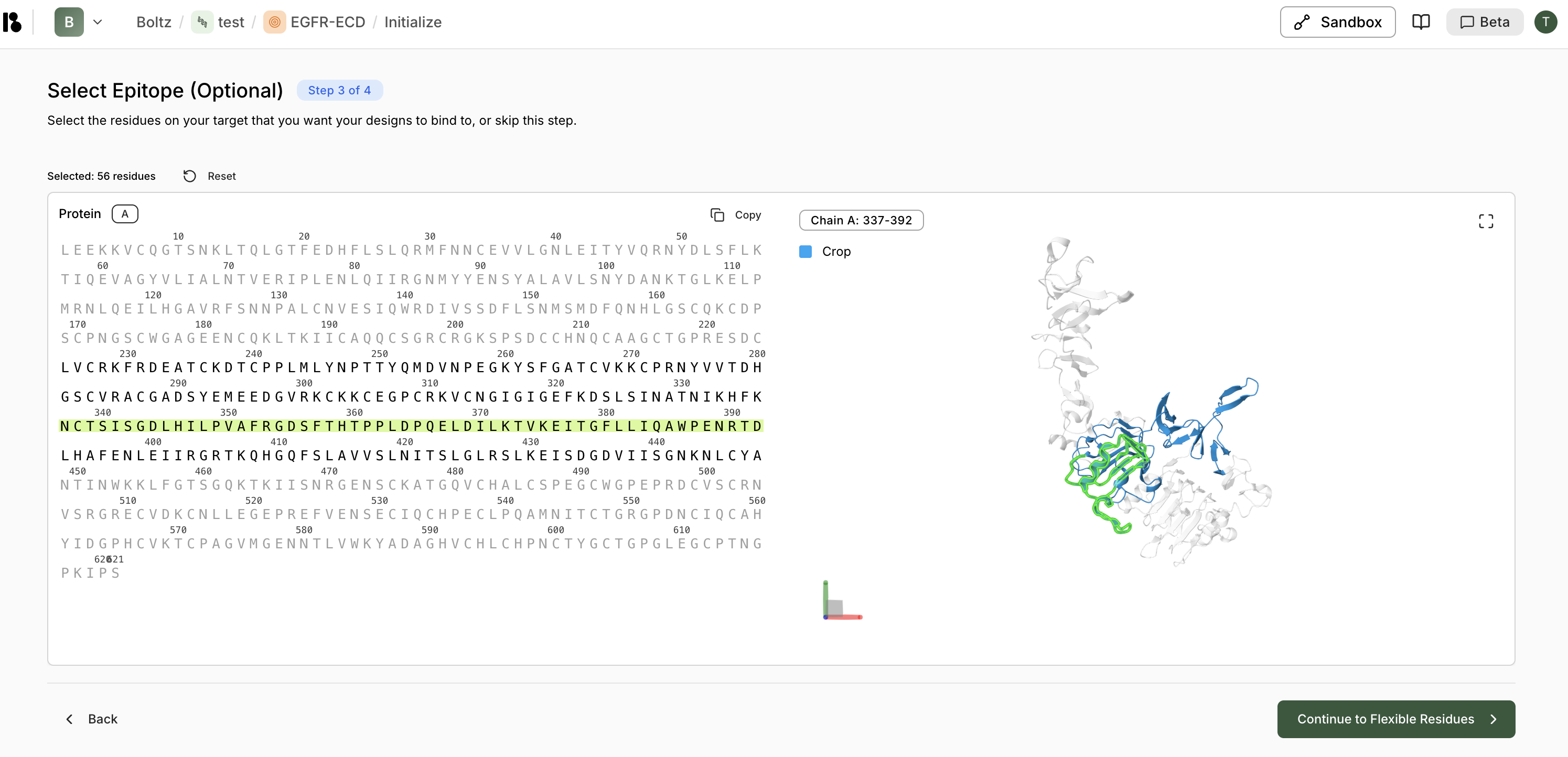 Select epitope residues step