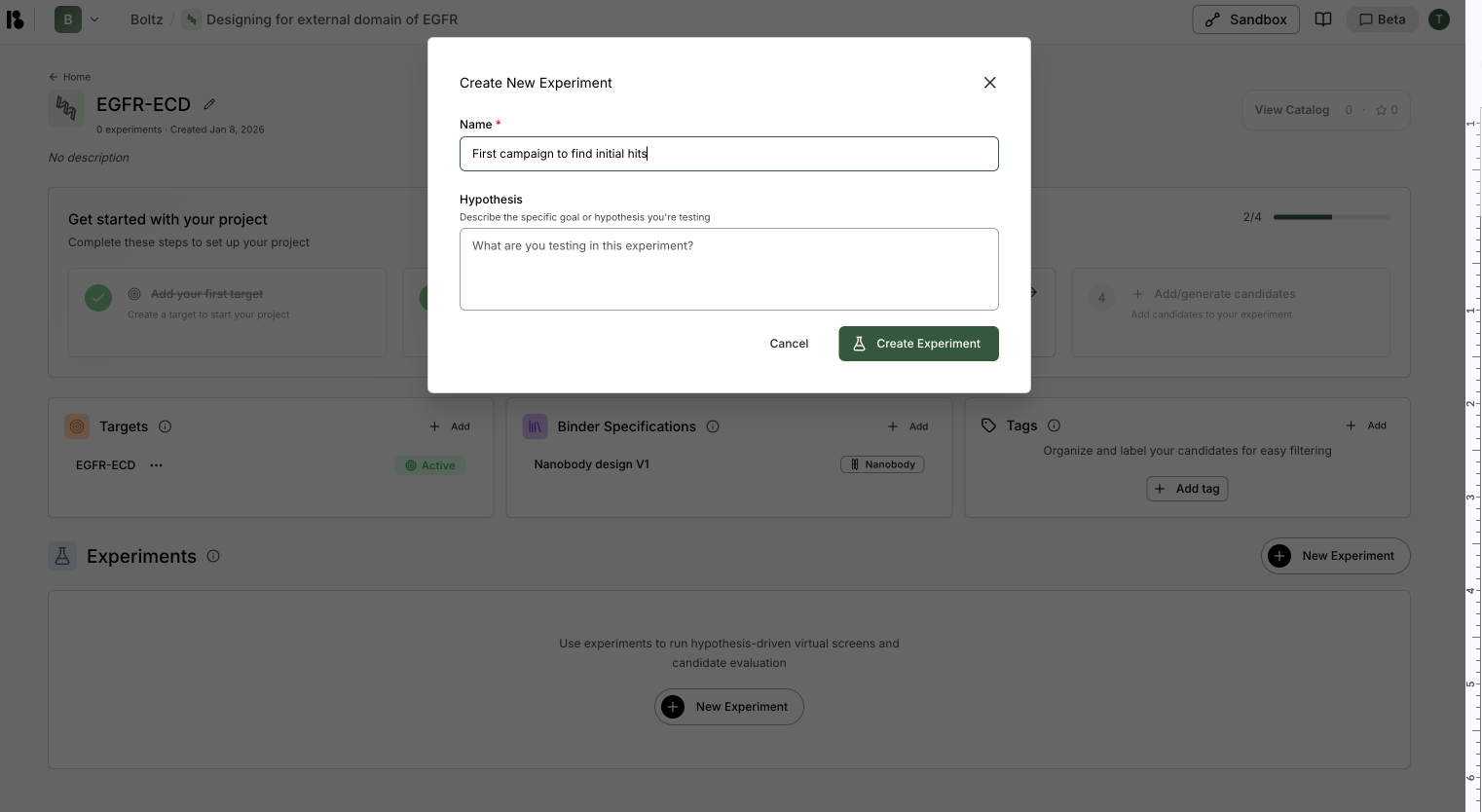 Create new experiment form