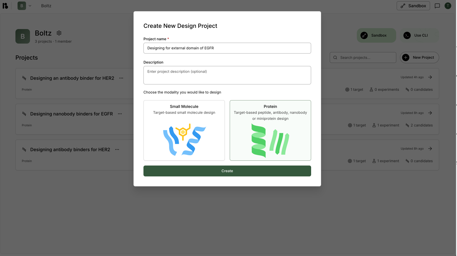 Create new project dialog