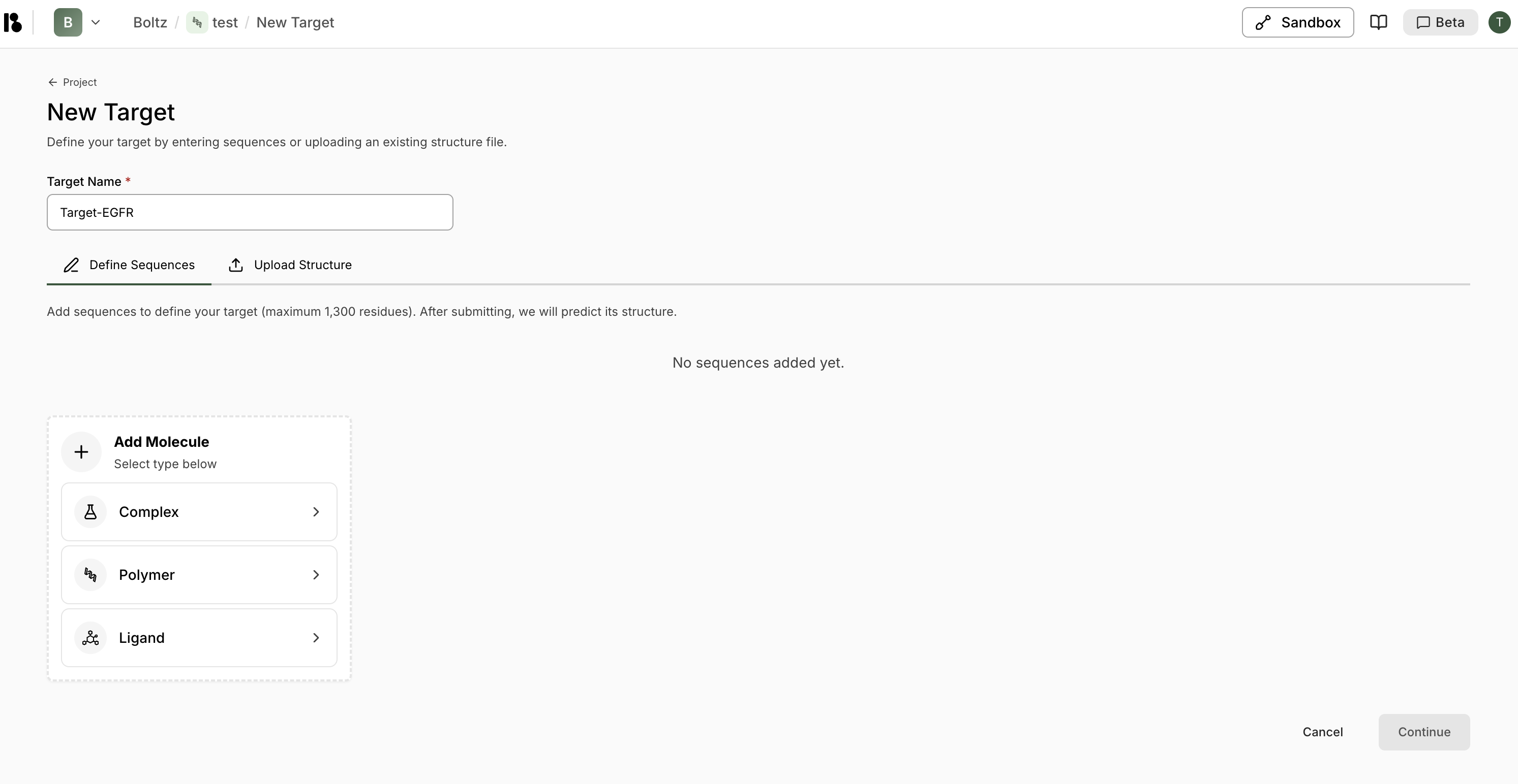 Create new target form