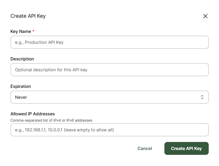 Create API Key dialog