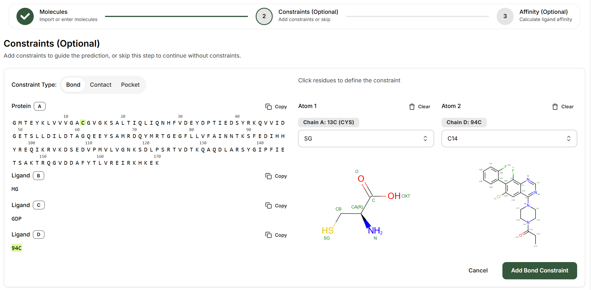 Bond constraint setup interface