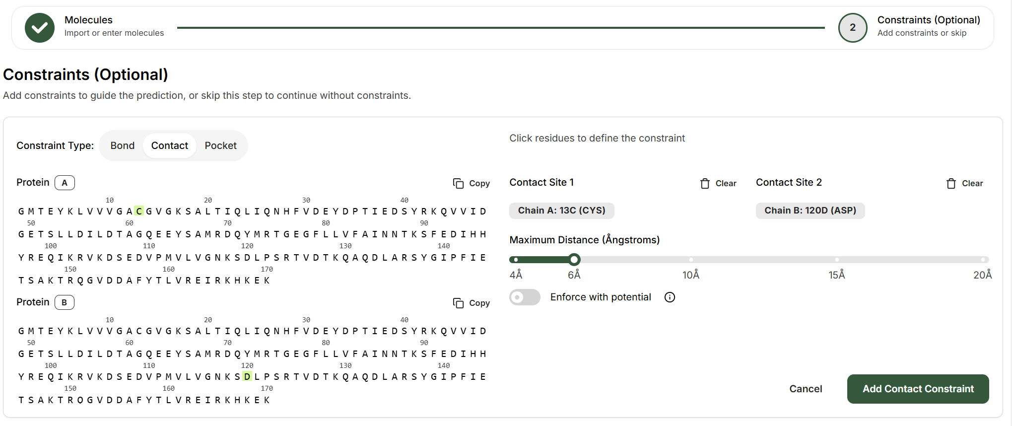 Contact constraint setup interface