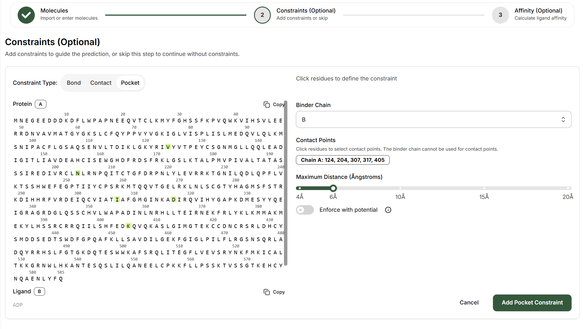 Pocket constraint setup interface
