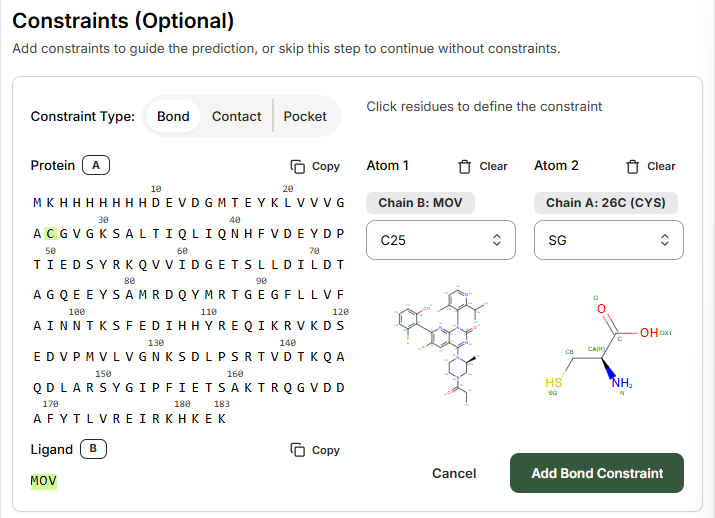 Configuring bond constraints for covalent inhibitor