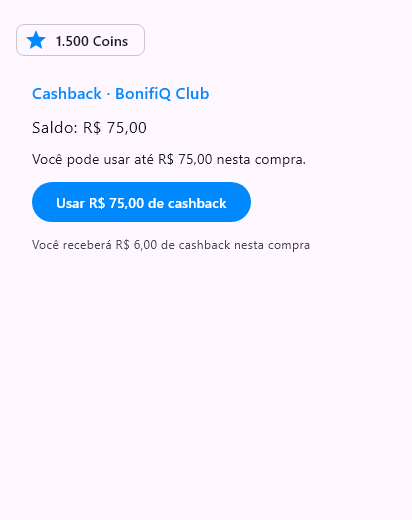 Card de cashback no checkout com o saldo e o botão Usar R$ 75,00 de cashback