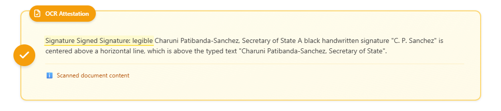 OCR Attestation card showing extracted signature details