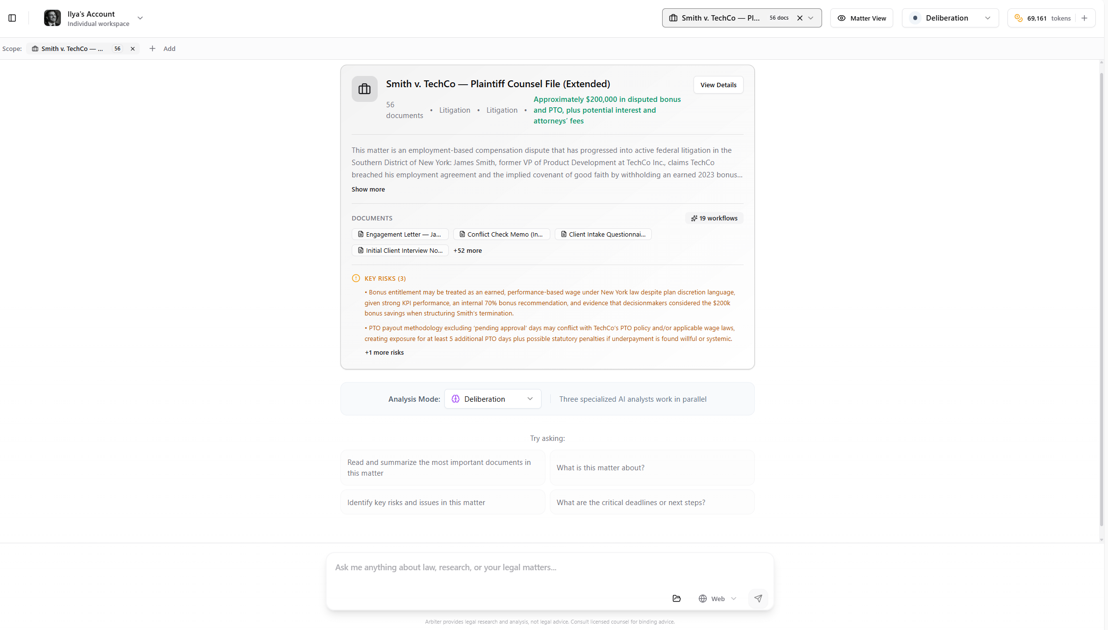 AI Research chat with a matter selected, showing matter summary, documents, and key risks