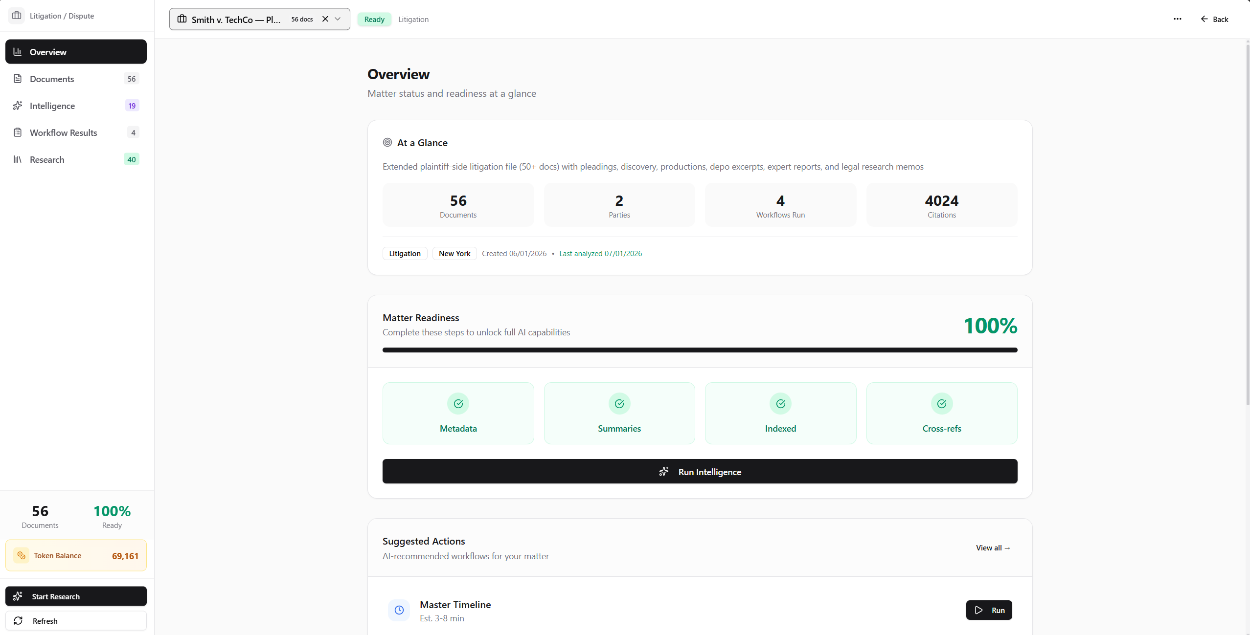 Matter Explorer showing overview, documents, intelligence, and research tabs