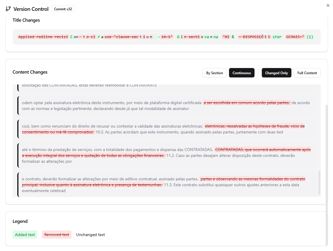 Version comparison showing title changes and content changes with added and removed text highlighted