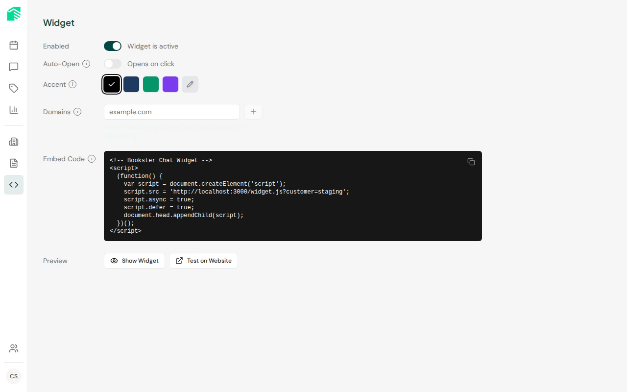 Widget customization settings including accent color, domains, and embed code