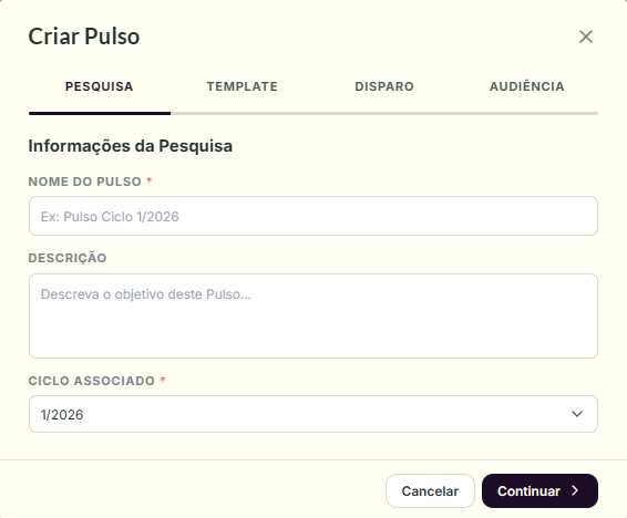 Modal de criação de um Pulso, etapa Pesquisa