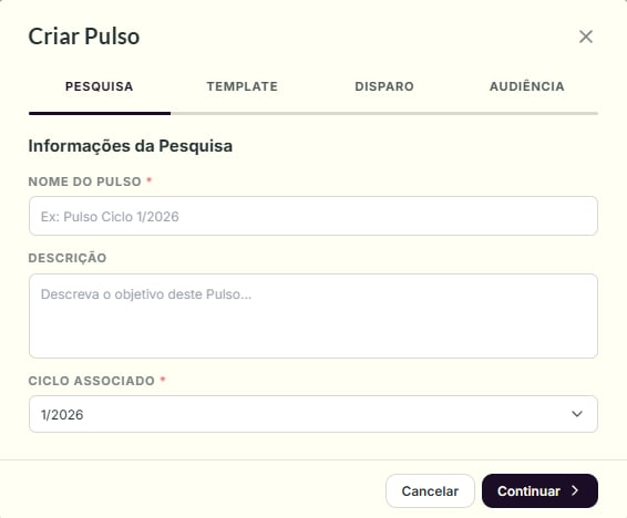 Modal de criação de um Pulso, etapa Pesquisa