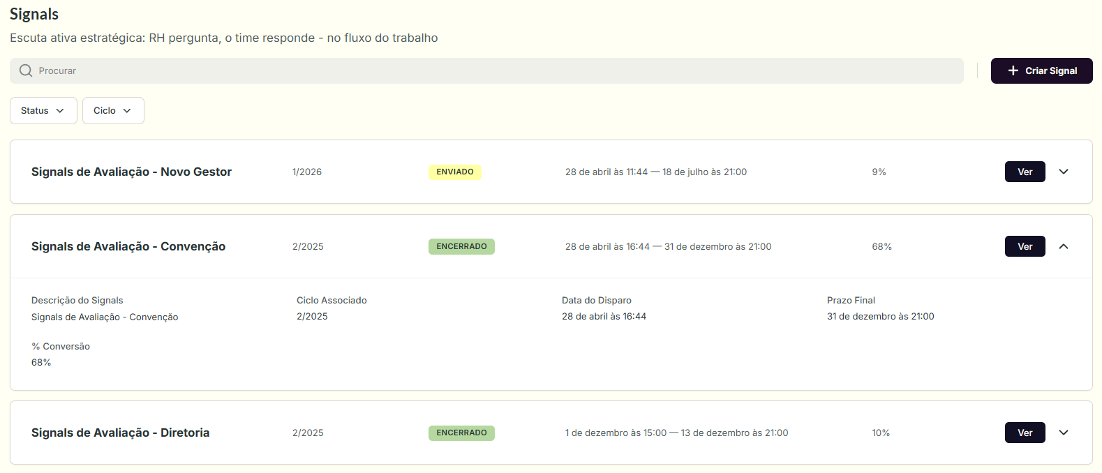 Tela de Listagem dos Signals, com toolbar de busca, filtros e cards dos Signals cadastrados