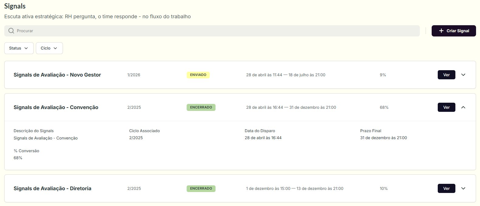 Tela de Listagem dos Signals, com toolbar de busca, filtros e cards dos Signals cadastrados