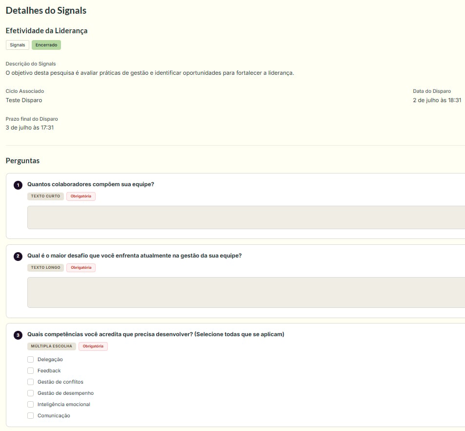 Tela de Detalhes do Signal, com badges de status, Informações gerais e seção de Perguntas listando cada pergunta com tipo, obrigatoriedade e alternativas