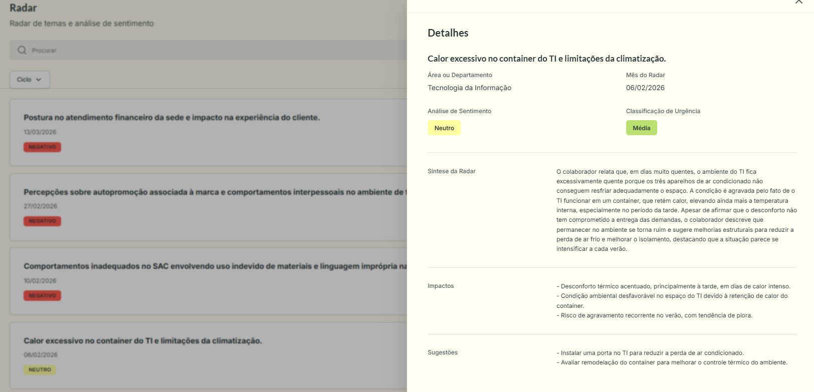 Tela do painel de Radar do RH, com lista de Radares à esquerda e painel de Detalhes à direita mostrando Área, Mês do Radar, Análise de Sentimento, Classificação de Urgência, Síntese, Impactos e Sugestões