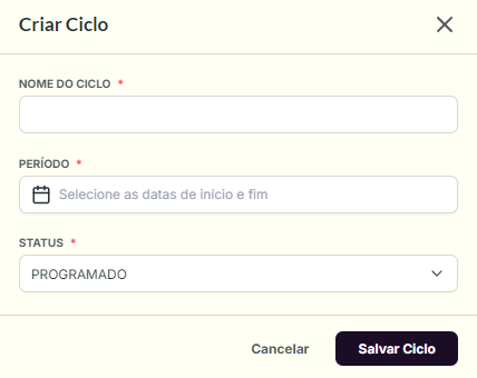 Formulário de criação de ciclo