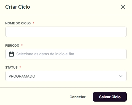 Formulário de criação de ciclo