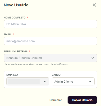 Janela de cadastro de novo usuário no Core