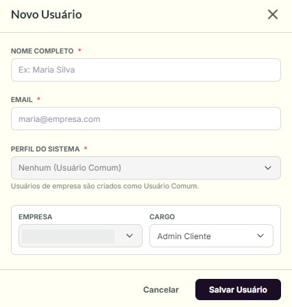 Janela de cadastro de novo usuário no Core