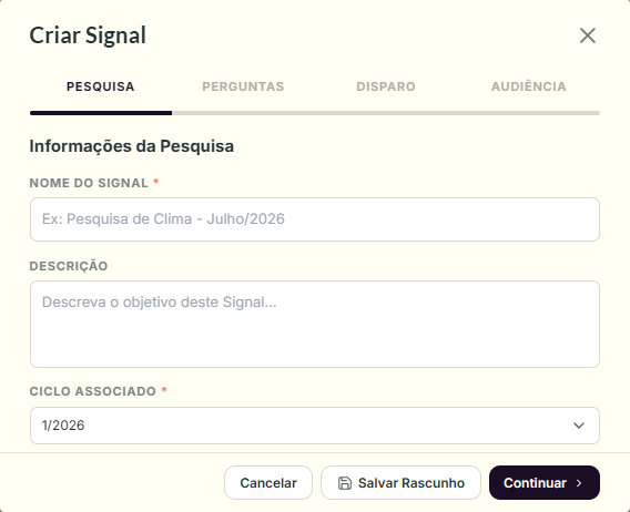 Modal de criação de um Signal, etapa Pesquisa
