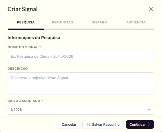 Modal de criação de um Signal, etapa Pesquisa