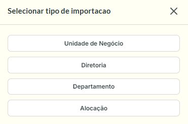 Modal de seleção do tipo de cluster para enviar a planilha