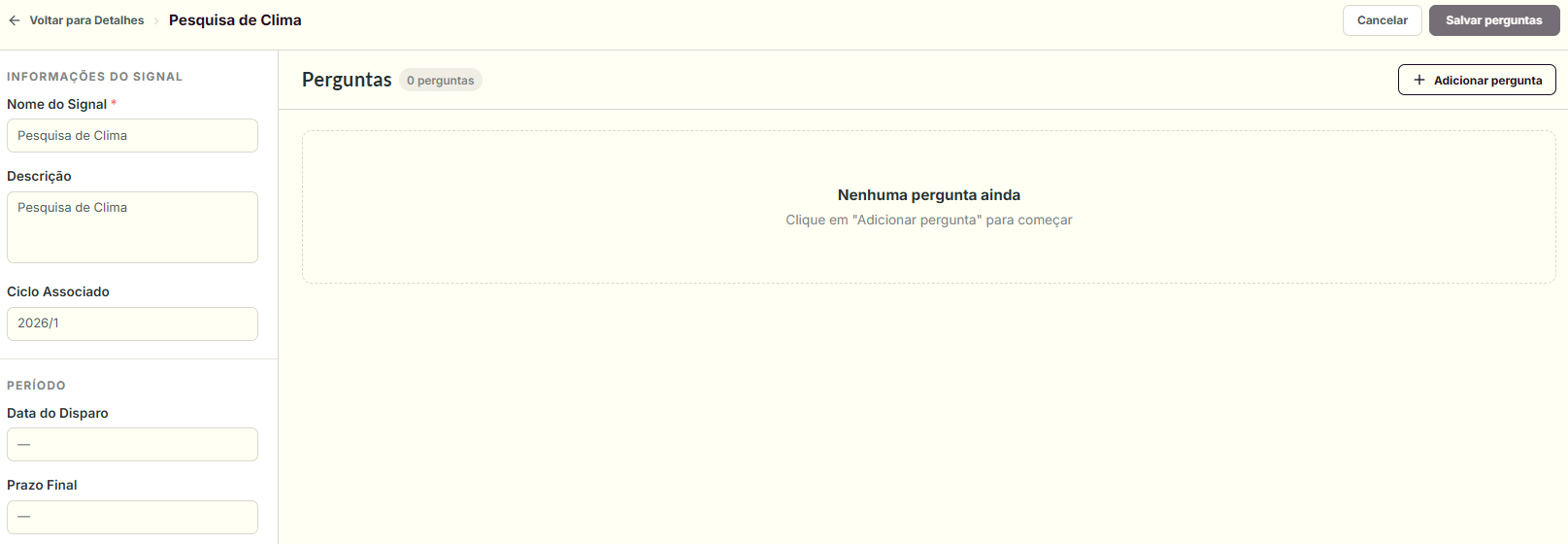 Tela de Editar Perguntas do Signal, com a sidebar Informações do Signal e a área central com a lista de Perguntas e o botão Adicionar pergunta