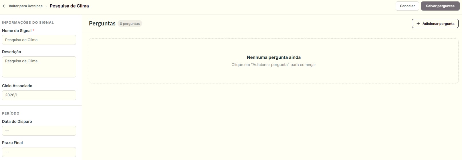 Tela de Editar Perguntas do Signal, com a sidebar Informações do Signal e a área central com a lista de Perguntas e o botão Adicionar pergunta
