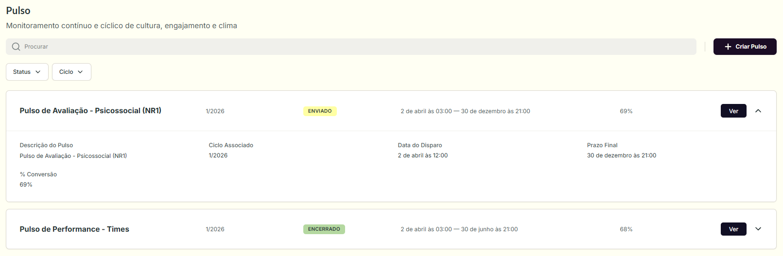 Tela de Listagem dos Pulsos, com toolbar de busca, filtros e cards dos Pulsos cadastrados