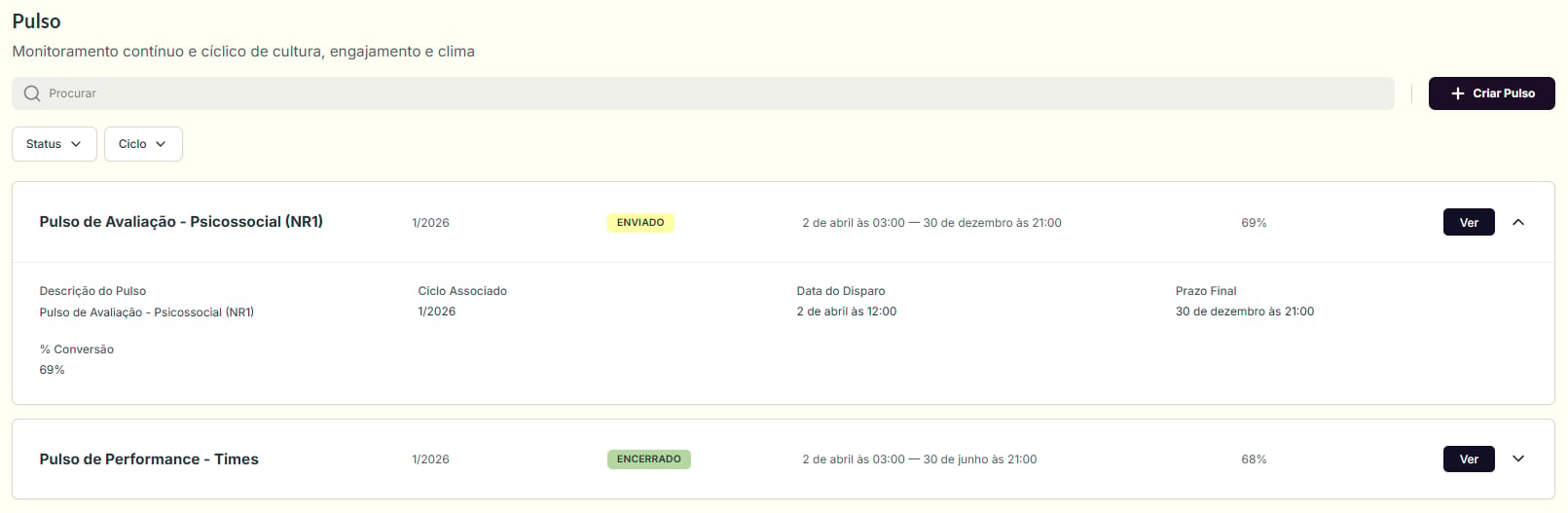 Tela de Listagem dos Pulsos, com toolbar de busca, filtros e cards dos Pulsos cadastrados