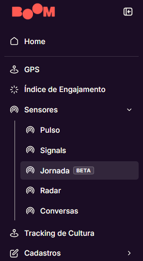 Menu lateral da BOOM com Sensores expandido e Jornada (BETA) selecionado
