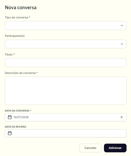 Modal Nova conversa, com campos Tipo de conversa, Participantes, Título, Descrição, Data da conversa e Data de revisão