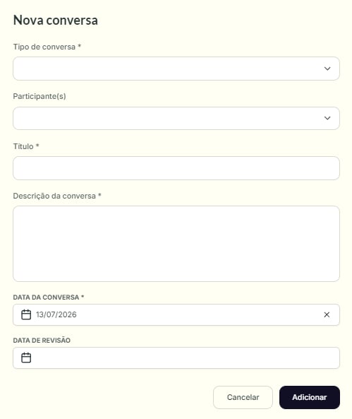 Modal Nova conversa, com campos Tipo de conversa, Participantes, Título, Descrição, Data da conversa e Data de revisão